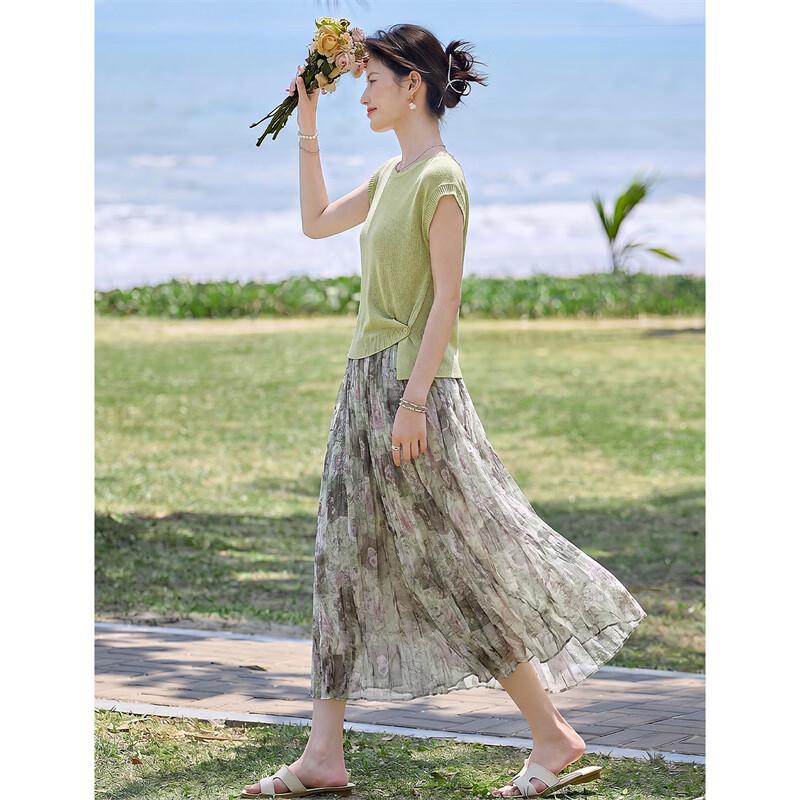 Xinfayu Elegant Slim-Fit Linen Knit Top & Flowy Skirt Set