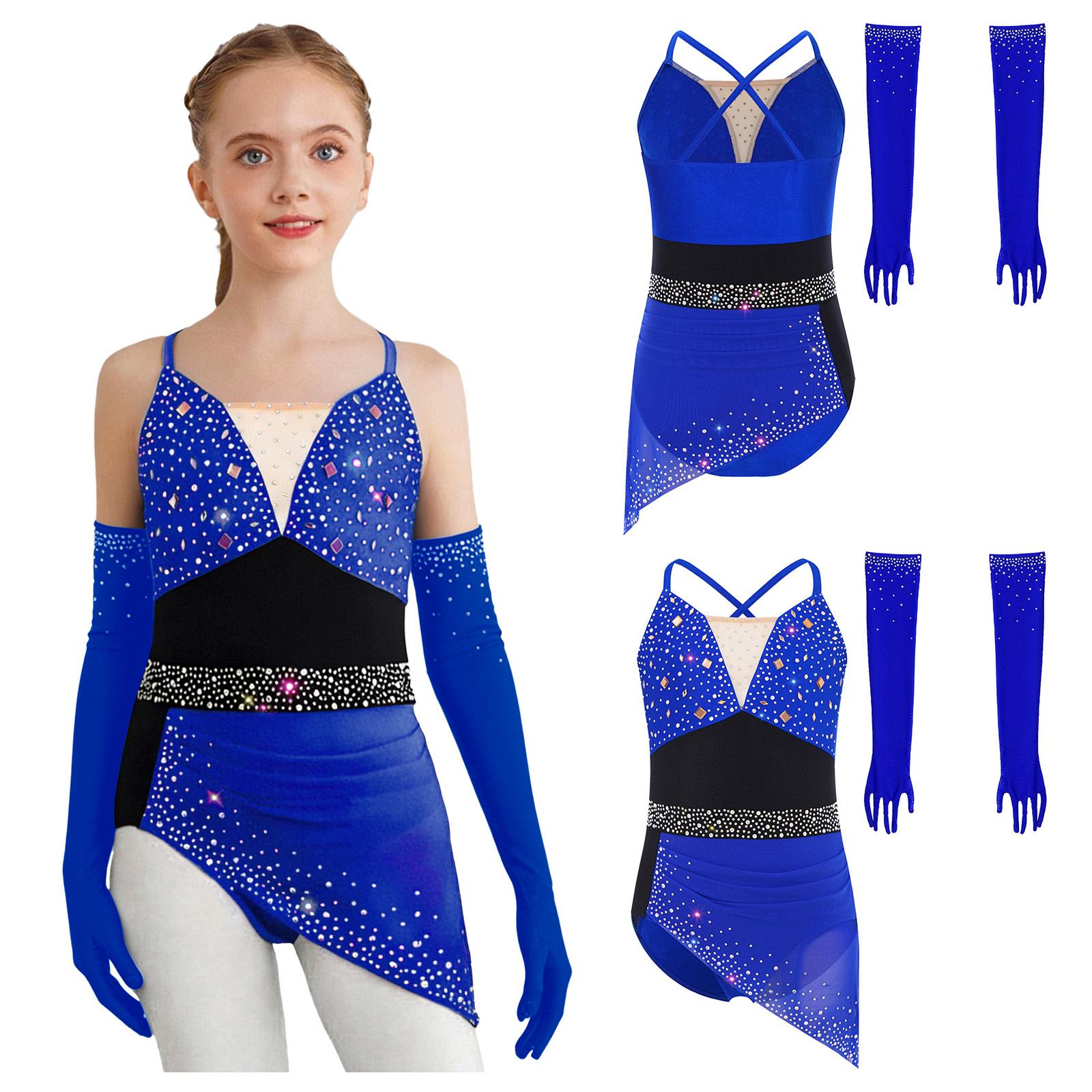 

Kids Girls Children Figure Skating Lyrical Dance Dress Spaghetti Straps Rhinestones Asymmetrical Dress with 1 Pair Mesh Gloves королевский синий