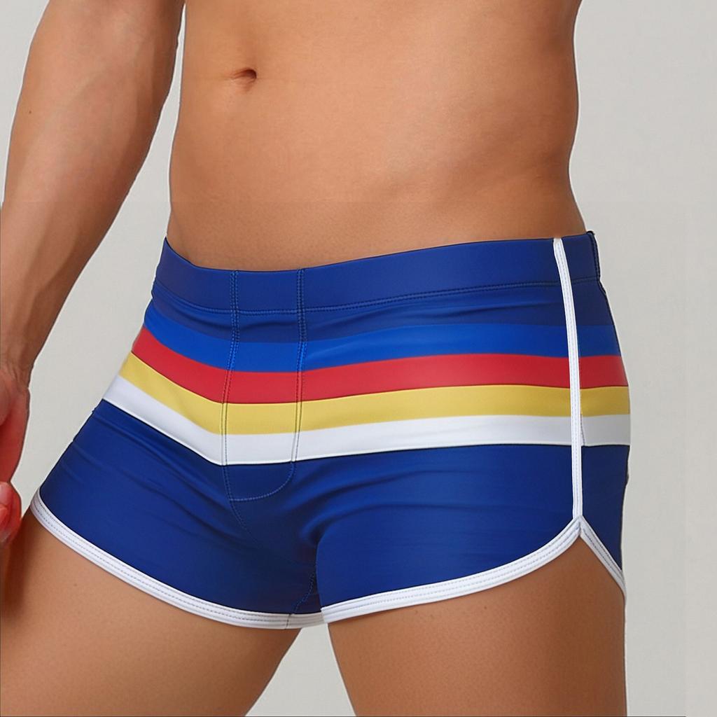 Men's Sports Split Colored Striped Boxer Shorts Swimming Beach Shorts Swimming Trunks