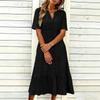 Women's Casual V Neck Dress with Gathered Puff Sleeves and Flared Hem Short Sleeve Midi Dress with Pockets