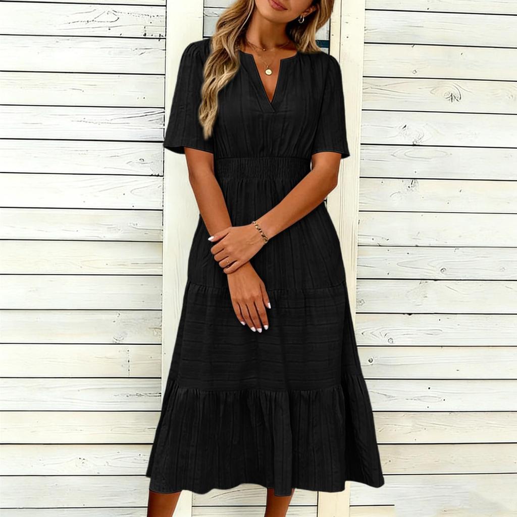Women's Casual V Neck Dress with Gathered Puff Sleeves and Flared Hem Short Sleeve Midi Dress with Pockets