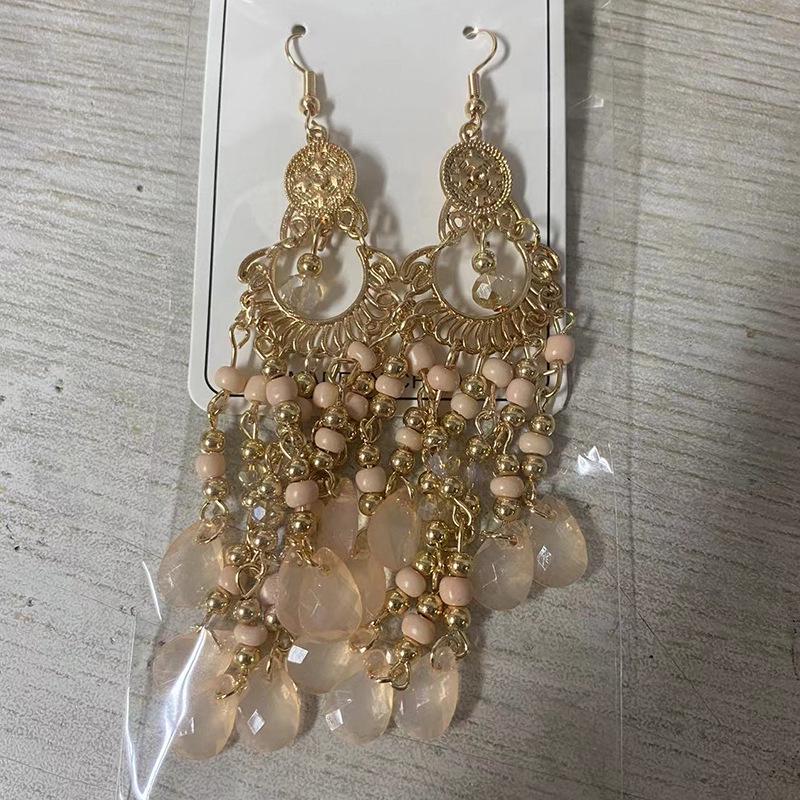 Bohemian Crystal Tassel Earrings - Ethnic Style, Slim Face, Exaggerated Design for Travel