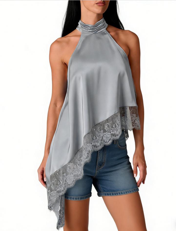 2025 Women's Satin Halter Neck Sleeveless Asymmetrical Camisole with Lace Trim
