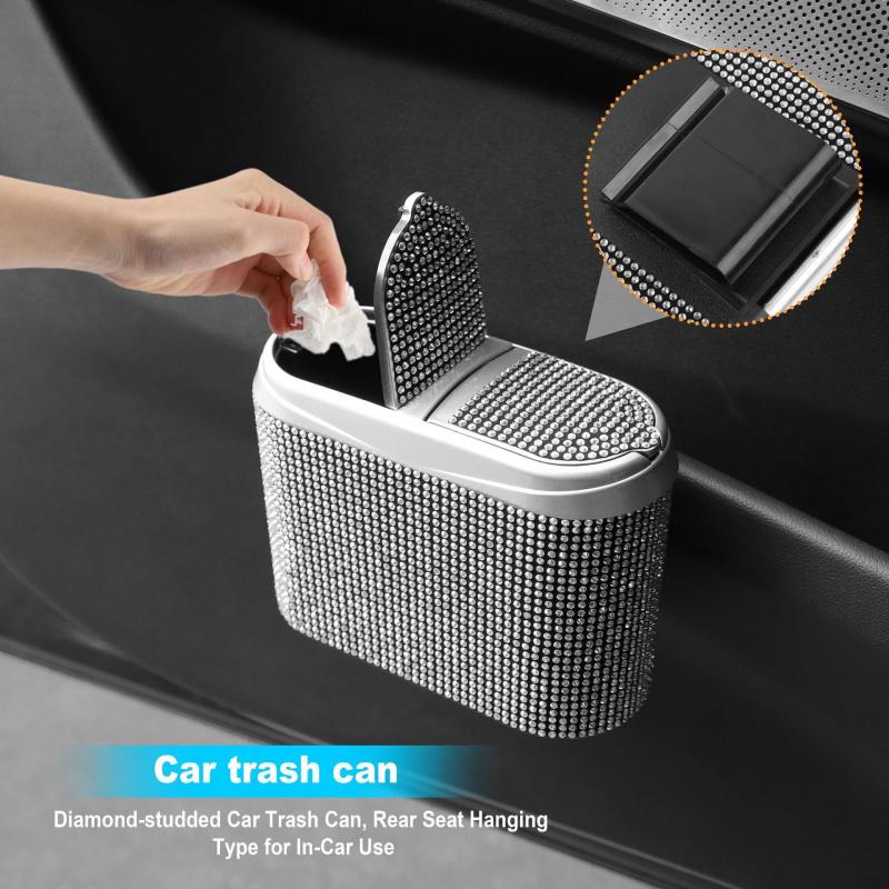 Bling Car Trash Can For Women Rhinestone Auto Door Garbage Bin Seat Back Hanging Storage Box Interior Accessories Organizer