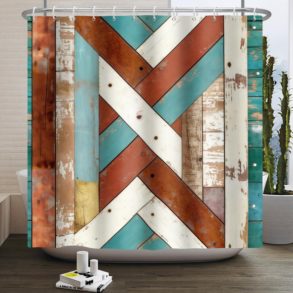 Country Sunflower Theme Waterproof Shower Curtain Wood Texture Barn Door Design Rustic Farmhouse Vintage Style Bathroom Decor