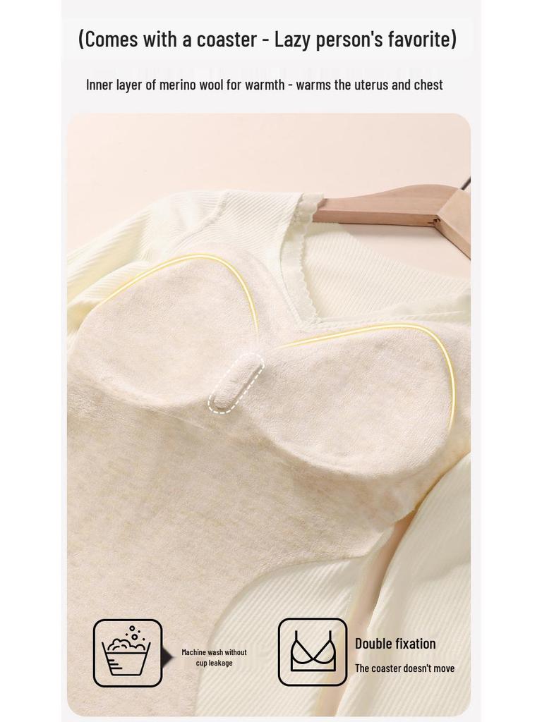 Women’s Cashmere Silk Slimming Underwear Set with Built-In Bra: Warm Cotton-Wool Long Sleeve Top & Bottoms for Autumn/Winter