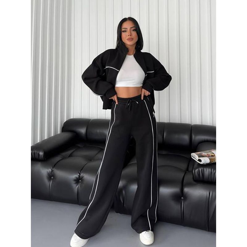 2024 New Cross-Border European and American Amazon Casual Suit Long Sleeves Half Collar Cardigan Sweatshirt Shoelace Stripes Pants Set