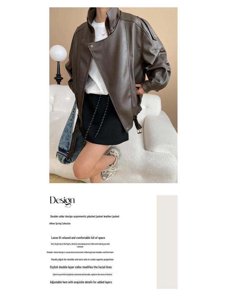 Sinan Modern Double Collar Asymmetrical Biker Leather Jacket - Early Autumn SN7087
