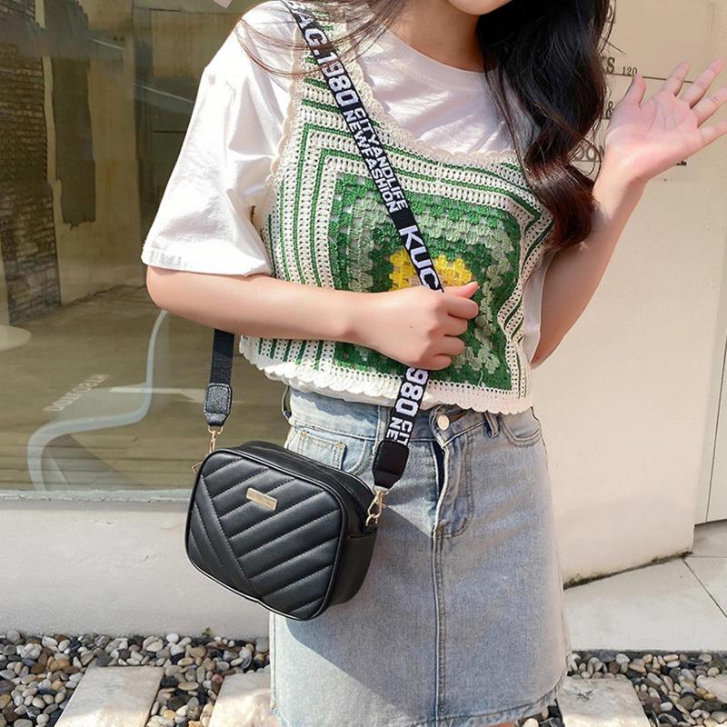Shoulder Bag Large Capacity Zipper Closure Trendy Minimalistic Widen Webbing Storing Cosmetics Faux Leather Square Shape Cross-body Bag