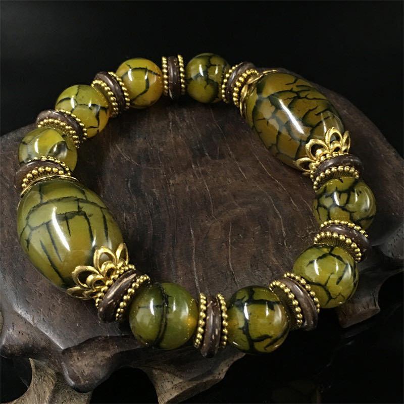 Natural Beautiful Stone Bracelet Green Ice Flower Bracelet Retro Tibetan Ethnic Style Bracelet Precious Jewelry