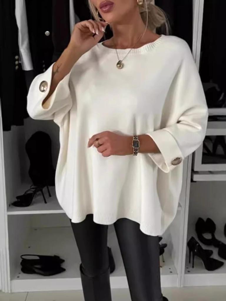 2025 Women's Solid Color Round Neck Mid-Sleeve Knitted Casual Sweater