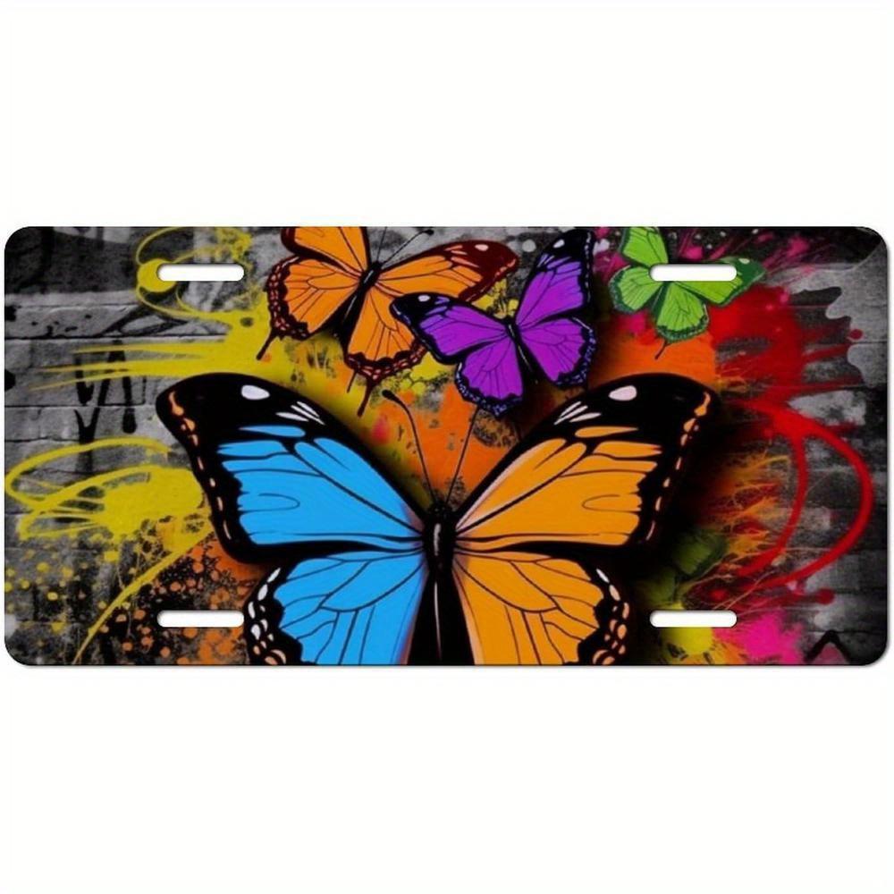 D Flat Hole Metal License Plate Decorative Sticker cm Butterfly Graffiti Car License Plate 15x30cm(5.9x7.8inch)
