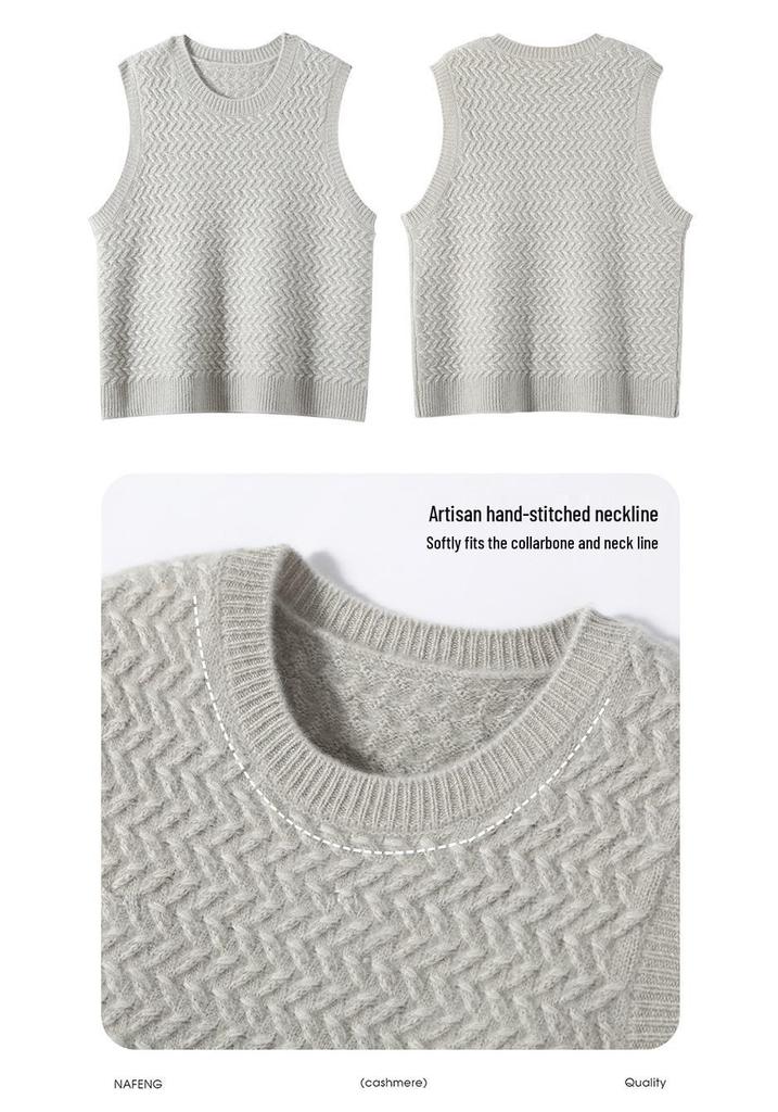 2025 Fall/Winter Women's Round Neck Cashmere Knit Crochet Vest - Loose Pullover Layering Shrug