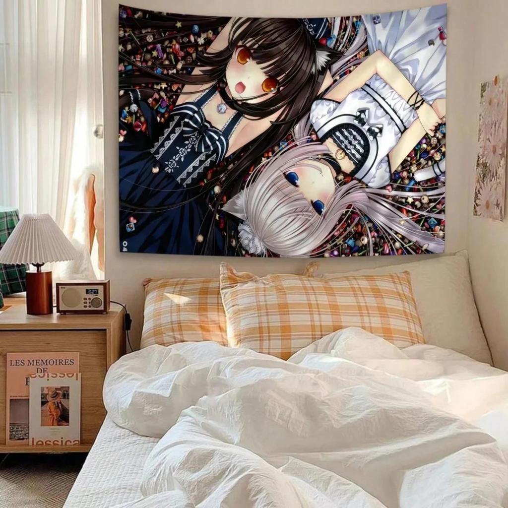 1pc Nekopara Anime Tapestry Cat Girl Print Wall Hanging Polyester 2D Art Cute Bedroom Living Room Decor Gift for Anime Fans