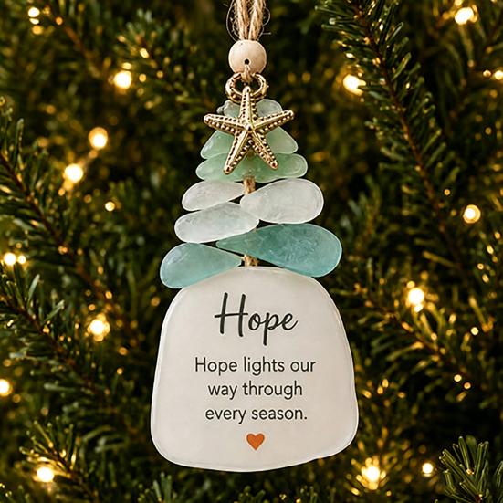 Christmas Tree Decor Sea Glass Ornament, Seaglass Art Hanging with Starfish Charm, Acrylic Ornaments Peace Love Joy Faith Family Friends Hope Pendant