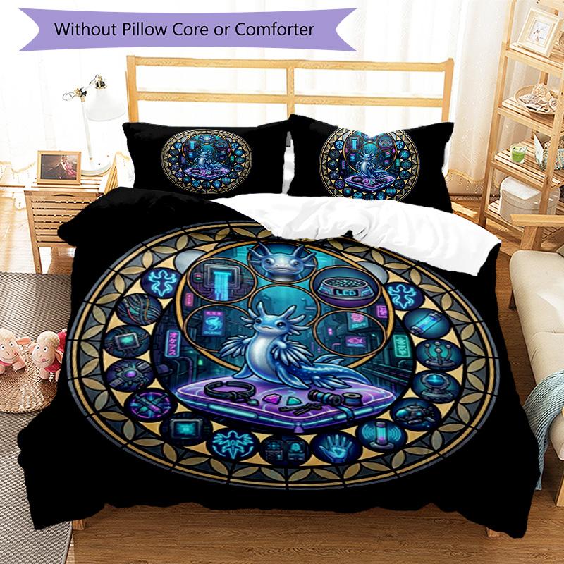 Cyber Axolotl Mandala Pattern Bedding,Quilt Set Quilt Cover Pillowcase Home Birthday Gift (1 * duvet cover + 2 * pillowcase, without core)