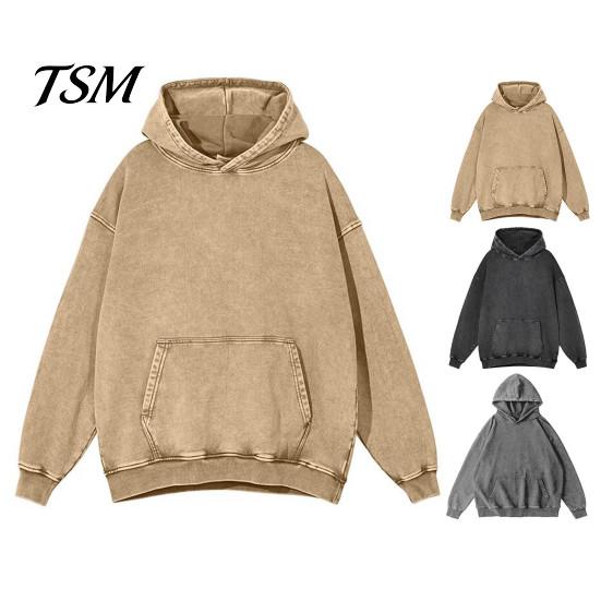 Haut Douillet d'Automne Automne Printemps Sweat à Capuche Unisexe Grande Poche à Capuche Ample Délavé Usé Élastique Poignets et Ourlet Épaules Inclinées Couleur Unie