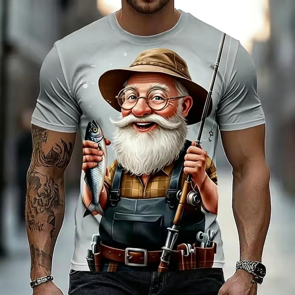 Fun Cartoon White-haired Old Man Wine Tasting 3D Full Print Men's Crew Neck Short-sleeved T-shirt, Personalized Creative Trendy Top