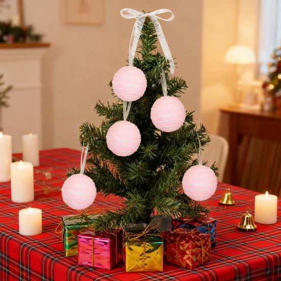 4Pcs Pink Christmas Balls Ornament Large Shatterproof Foam White Pink Stripe Hanging Ball Xmas Holiday Wedding Party Decoration