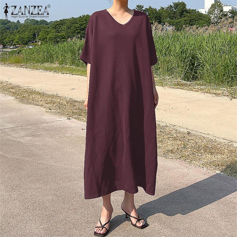 

ZANZEA Летнее повседневное свободное женское длинное платье с v-образным вырезом и половиной рукавов