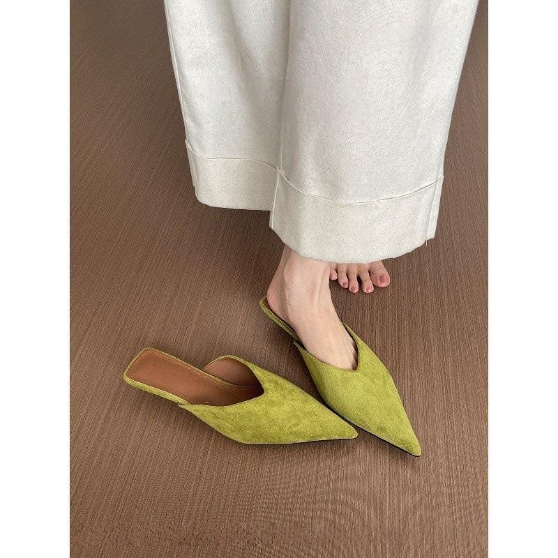 Baotou Half Slippers Outer Wear Women's Shoes Summer Thin Heels Not Tired Feet Suede Pointed Sandals