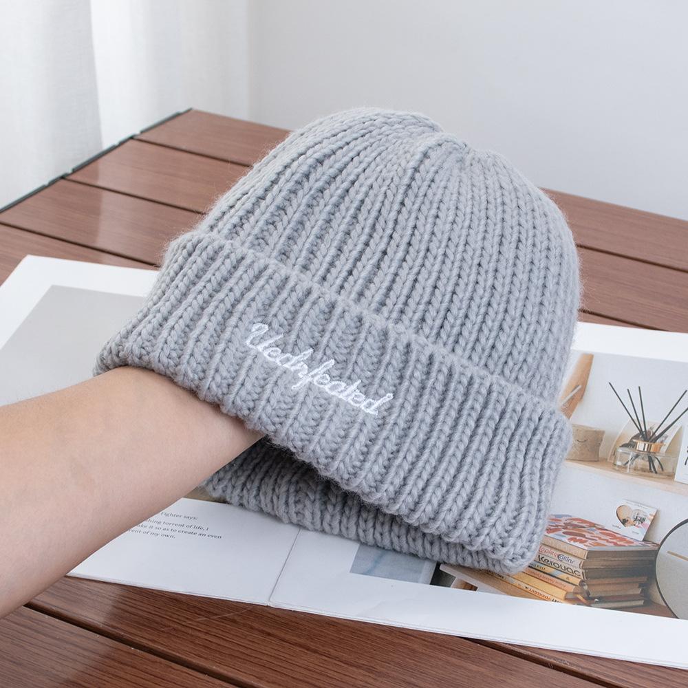 Knitted hat women's autumn and winter big head circumference embroidered wool hat versatile bag head to keep warm and show a small cold hat