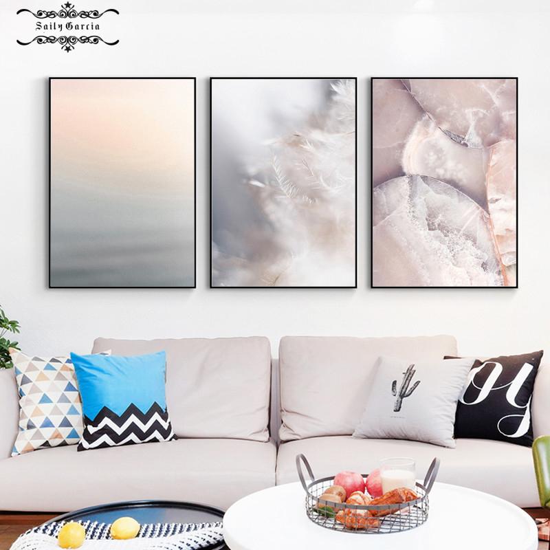 Simple Pastel Color Canvas Painting Feather Marble Pink Gray Poster for Living Room Modern Home Korean Wall Art Decor Pictures