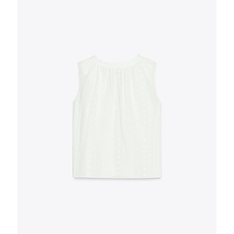 Summer New Product Women's Clothes Minimalist Style V Neck Sleeveless Cotton Laminated Decoration Cut Out Embroider Shirt 2971885