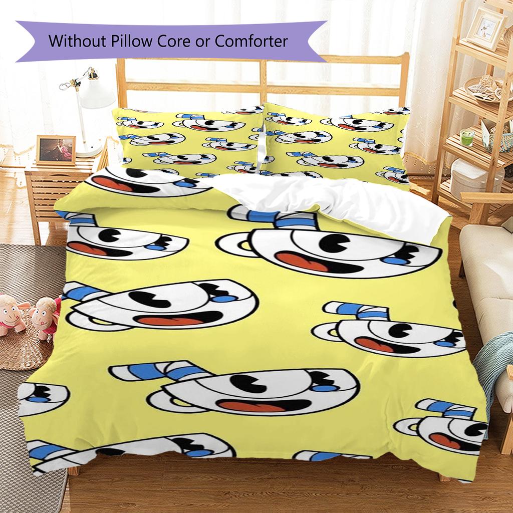 Cuphead Cute Cartoon Pattern Bedding,Quilt Set Quilt Cover Pillowcase Home Birthday Gift (1 * Duvet Cover + 2 * Pillowcase, Without Core)