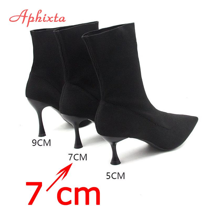 Fashion Aphixta 9cm 7cm 5cm Stretch Fabric Socks Boots Women Black Shoes Elegant Pointed Toe Knitting Elastic Ankle Boots for Women