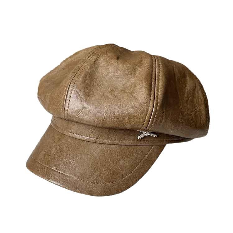 Spring and Autumn New PU Leather Octagonal Hat Children's Fashion Casual Face Small Peaked Hat Retro British Painter Hat Tide