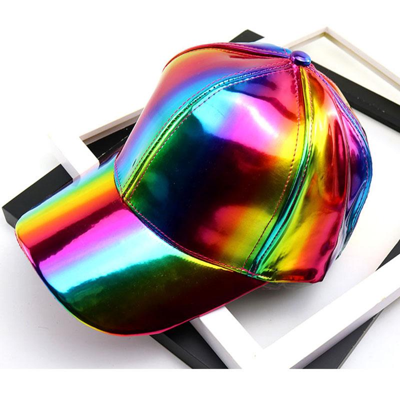 Damen Herren Kunstleder Baseballkappe Glitzer Metallisch Holografisch Regenbogen Reflektierend Hip Hop Verstellbarer Strapback Schirmmütze