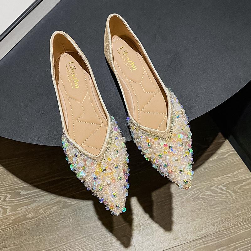 Sequins Pearl Slip-on Woman Flats Luxury Wedding Bride Shoe Elegant and Fashionable With Discount 39 Pointed Toe Shoes for Women