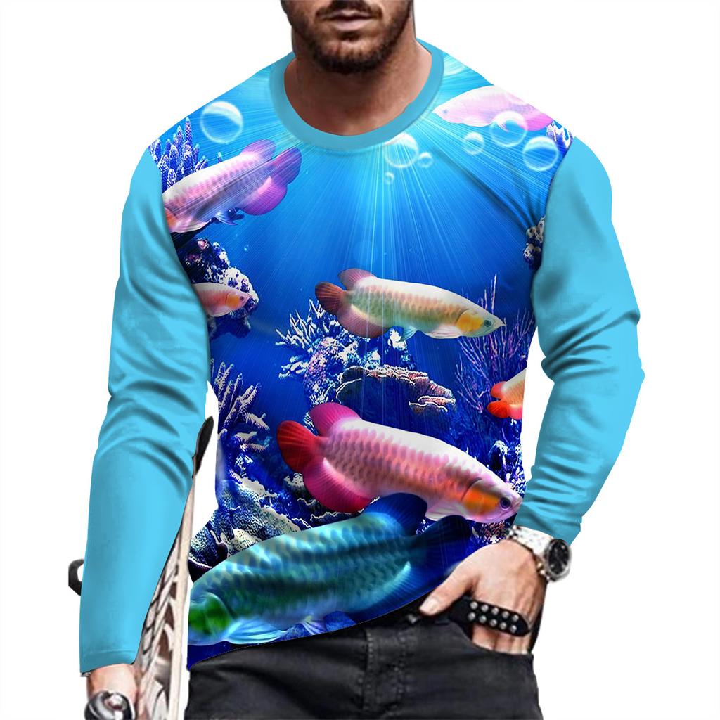 New Ocean Scenery Print Summer Men's Round Neck T-shirt Casual Long Sleeve Oversized T Shirt Fashion Pullover Trend Men Clothing