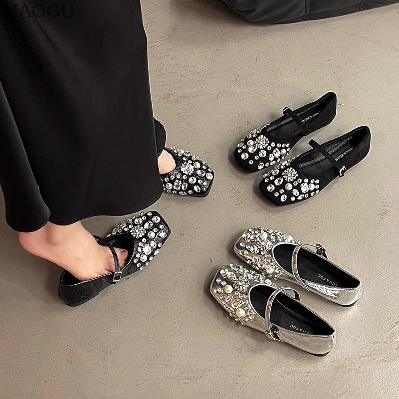 Fashion Silver Rhinestone Mary Jane Shoes Women's Spring Summer Versatile Casual Flats for Daily Wear Comfortable Slip on Shoes