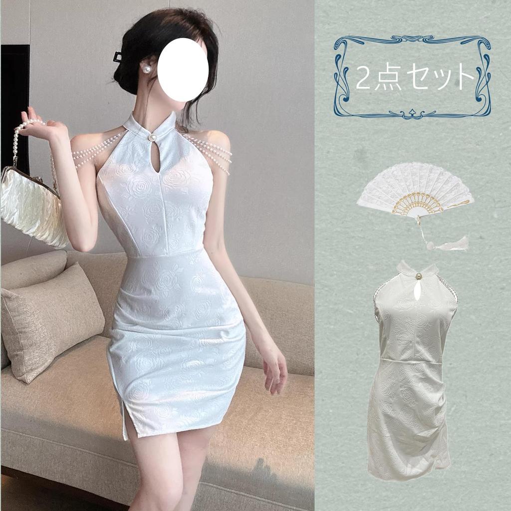 KLGIRL Cheongsam Dress with Mini Rose Slim Gothic Lolita Chinese Perfect for Photo and Parties Women's Fan, Dress, Print, Fit, Costume, Style, White,