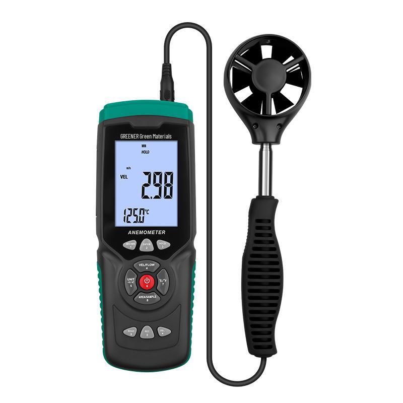 Green Forest Handheld Anemometer: High-Precision Wind Speed, Temperature, and Air Volume Tester.