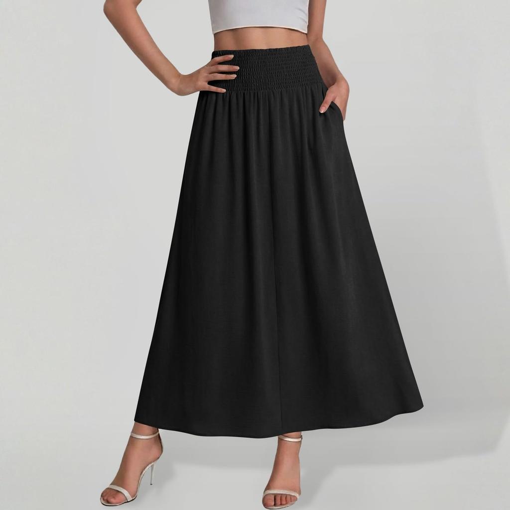 Women High Waist Loose A Line Maxi Skirt with Pockets Casual Solid Flared Elastic Waistband Long Skirt for Daily Wear
