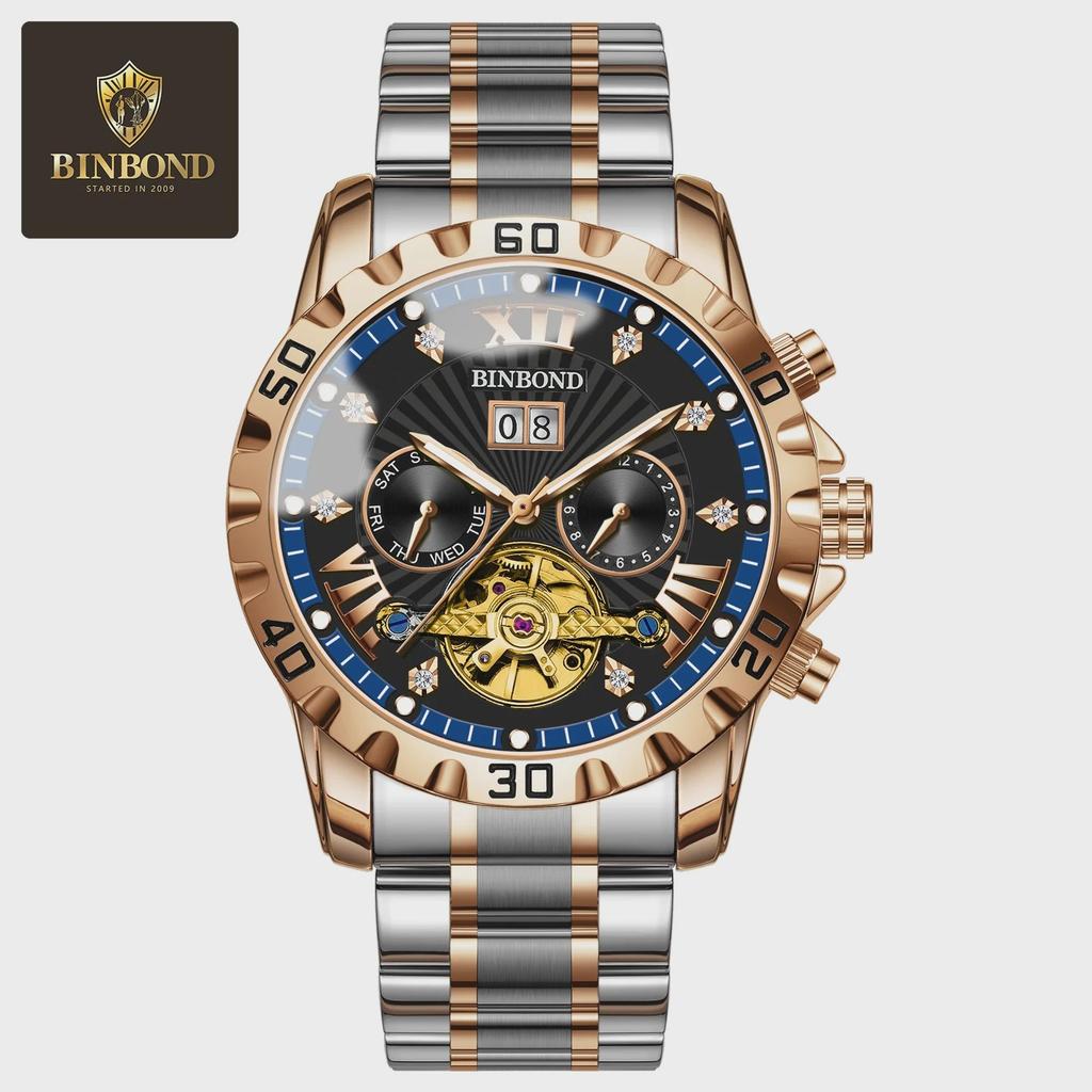 BINBOND Fashion Tourbillon Automatic Watch Men Luxury Skeleton Mechanical Wristwatch Stainless Steel Wristwatches