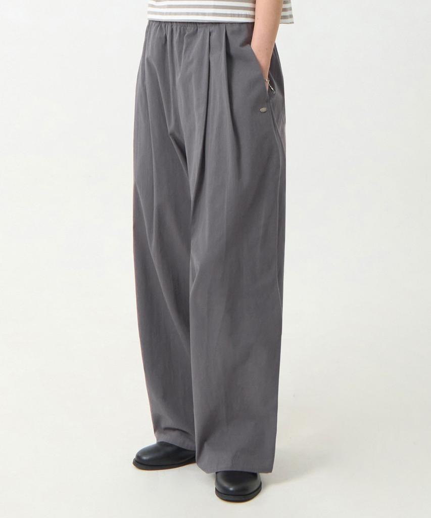 Yujen Double-Pleat Wide Cotton Elastic Waist Pants_Charcoal