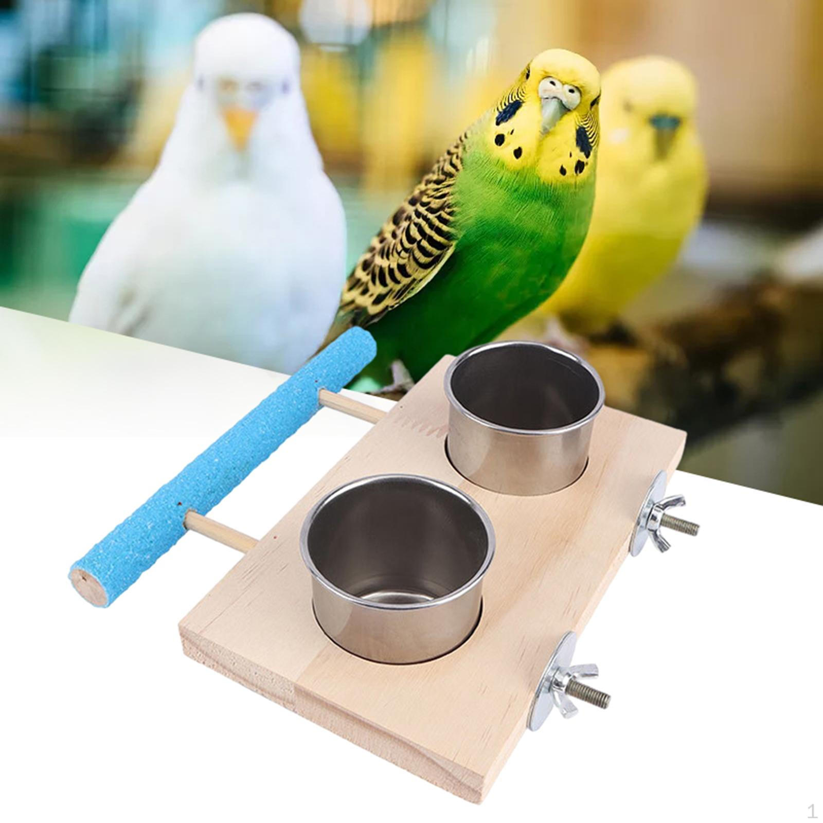 Bird Feeder Parrot Cage Wood Perch Stand Hanging Feeding Bowls Food and Water Double Bowl