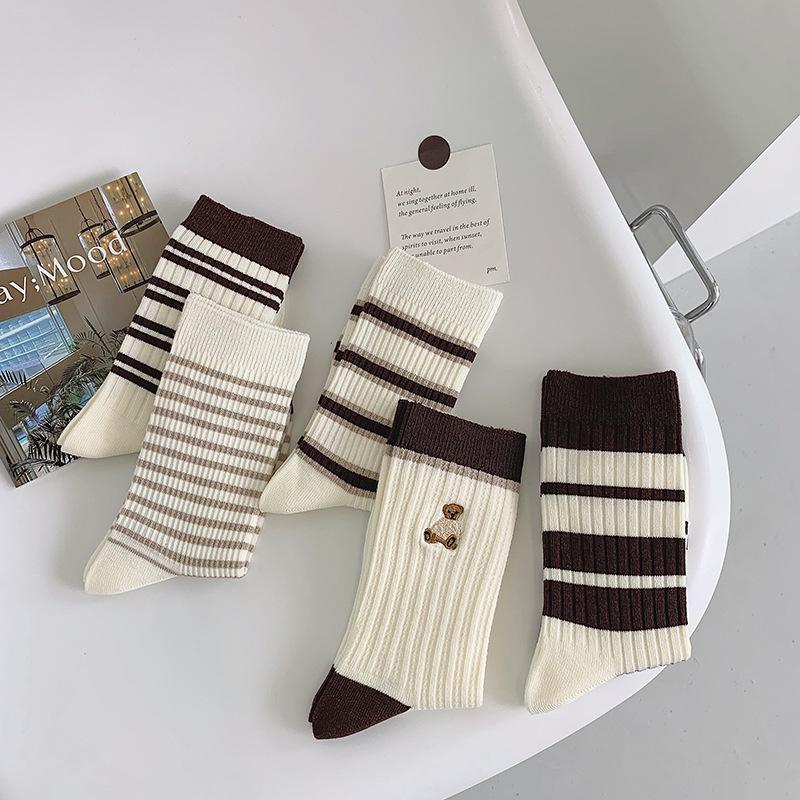 Embroidered Bear Striped Mid-Calf Socks In Black, White, Brown - Pure Cotton, Comfortable, Japanese College Girl Style