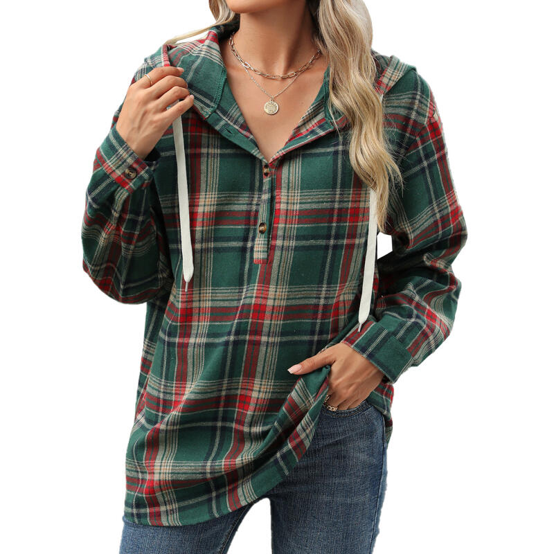 Oversized Hooded Sweatshirt Women with Plaid Pattern  & Button Detail, Long Sleeve Casual Pullover for Fall Winter - S to XXL S