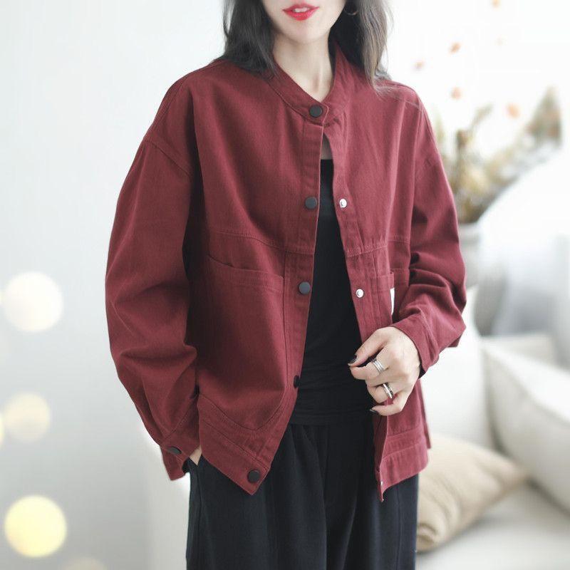 Spring Autumn Coat Pure Cotton Solid Color Jacket For Women's Retro Loose Versatile Fashion Large Pocket Coat Top Femal