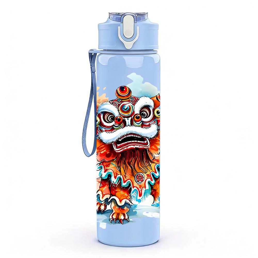 1PC Color Traditional Lion Dance Figure 750ml Color Plastic Water Bottle Leakproof Flip Straw Lid For Sports Office Home Use