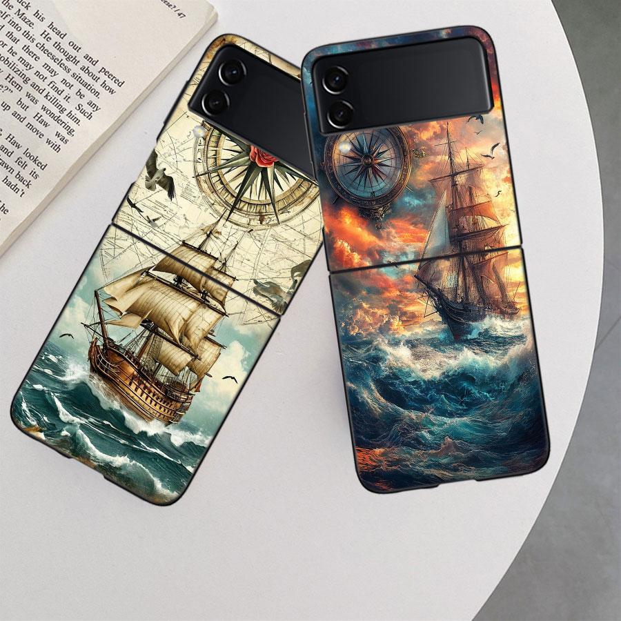 Compass Map Voyage Phone Case For Samsung Z Flip 7 6 5G Galaxy Z Flip 5 4 3 Black Hard Cell Cover Luxury PC Shell Coque