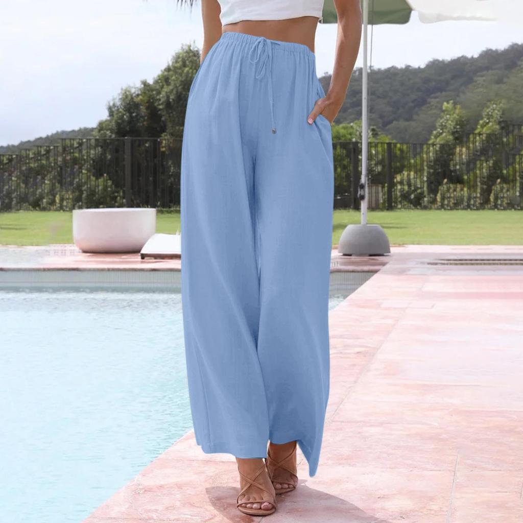 Taillierte Hose mit weitem Bein für Damen, lässige Sommerhose mit Kordelzug, fließende Strandhose mit Taschen