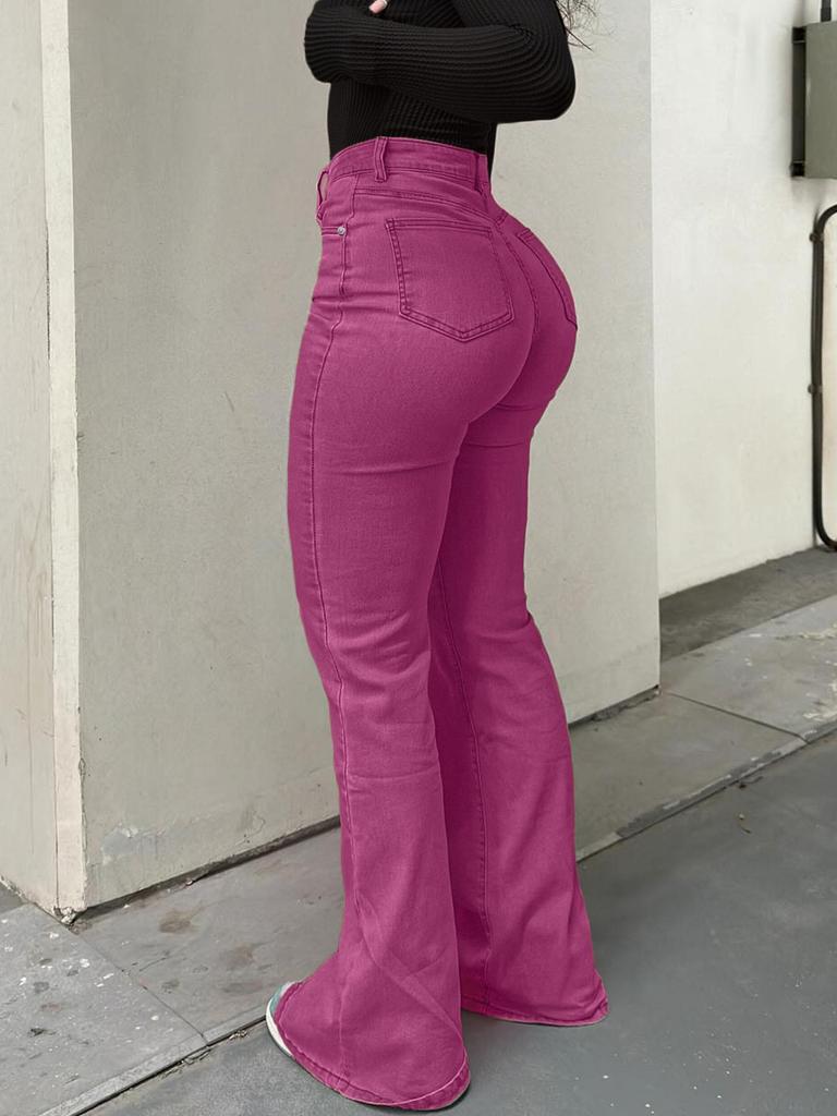 MH1025 Calças de Boca de Sino Femininas de Cintura Alta Elásticas com Bolsos