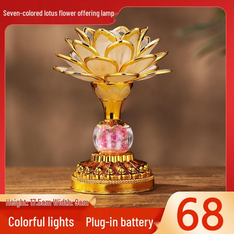 Seven-Color LED Rechargeable Buddha Offering Lamp - Lotus Design for Home and Guanyin Devotion.