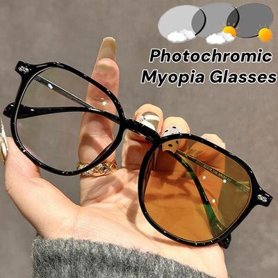 Modische quadratische photochrome Myopiebrille für Damen und Herren, Unisex-Retro-Anti-UV-Brille 0-1.0-4.0